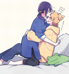  2girls :3 :d =_= ^_^ absurdres adjusting_another's_hair arm_support arms_around_back barefoot bed_sheet bell black-framed_eyewear black_pants blonde_hair blue_coat blue_pants blush cetacea_kw closed_eyes coat commentary_request daiba_nana dotted_background face-to-face feet_out_of_frame flying_sweatdrops from_side glasses green_ribbon hair_bell hair_ornament hair_ribbon highres hood hood_down hoodie hoshimi_junna hug kiss kissing_forehead kneeling leaning_back leaning_forward long_hair long_sleeves low_side_ponytail multiple_girls open_mouth pants pillow profile purple_hair ribbon short_hair shoujo_kageki_revue_starlight side_ponytail side_slit sidelocks sideways_mouth sitting small_sweatdrop smile stuffed_animal stuffed_frog stuffed_toy three-quarter_sleeves translation_request two-tone_background white_background yellow_background yellow_hoodie yuri 