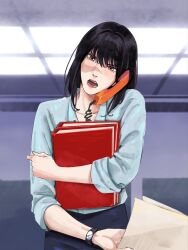  1girl black_hair blue_shirt commentary corded_phone cowboy_shot dress_shirt english_commentary head_tilt highres holding indoors iori_utahime jujutsu_kaisen medium_hair office office_lady phone red_eyes scar scar_on_cheek scar_on_face scar_on_nose serious shirt talking_on_phone watch watch 