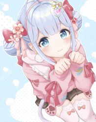  1girl absurdres ahoge black_skirt blue_eyes blue_hair bow bow_legwear bow_print candy_print charlotte_suzu cherry_hair_ornament closed_mouth commentary_request commission double_bun earrings flower food-themed_hair_ornament food_print grid_background hair_bow hair_bun hair_flower hair_ornament hair_ribbon hairband heart heart_hair_ornament heart_print highres hood hooded_jacket indie_virtual_youtuber jacket jewelry long_sleeves multiple_hair_bows paw_print pink_flower pink_hairband pink_jacket pink_ribbon pink_sailor_collar pleated_skirt pom_pom_(clothes) pom_pom_earrings red_bow ribbon sailor_collar sidelocks skeb_commission skirt solo suzuna_(agzh5344) thigh-highs virtual_youtuber white_thighhighs zettai_ryouiki 