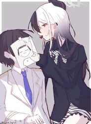  1boy 1girl black_hair black_horns black_jacket blue_archive blue_necktie blush bow bowtie candy chocolate demon_horns earclip embarrassed food food_in_mouth grabbing_another's_chin gradient_hair grey_hair grey_halo halo hand_on_another's_chin heart heart-shaped_chocolate heart-shaped_food highres horns jacket kare_hurin kayoko_(blue_archive) long_sleeves mouth_hold multicolored_hair necktie paper_on_head shared_food shirt short_hair skirt striped_bow striped_bowtie striped_clothes striped_skirt sweatdrop two-tone_hair valentine white_hair white_jacket white_shirt white_skirt 