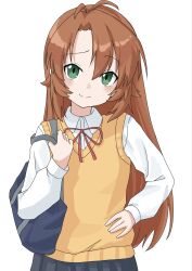 1girl antenna_hair bag blush brown_hair collared_shirt commentary_request green_eyes hand_on_own_hip head_tilt henfrey14 highres koshigaya_komari neck_ribbon non_non_biyori raised_eyebrow red_ribbon ribbon school_bag school_uniform shirt shoulder_bag simple_background skirt smile solo sweater_vest white_background white_shirt yellow_sweater_vest 