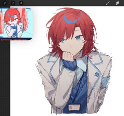  1boy arm_behind_back armband art_program_in_frame blue_armband blue_eyes blue_sweater clenched_hand collared_shirt dress_shirt game_screenshot_inset grey_necktie hand_on_own_chin highres hyoutenka_30-do_no_zetsubou id_card kure3019 lanyard lapels looking_to_the_side medium_hair mole mole_under_eye necktie red_hair screenshot_inset shirt simple_background solo sweater tonimura_yui upper_body v-neck white_background 