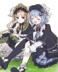  2girls :d :o asymmetrical_legwear black_bag black_capelet black_flower black_hat black_rose black_shoes blonde_hair blue_hair blue_necktie blue_skirt braid braided_hair_rings capelet closed_eyes commentary_request deerstalker dress flower frilled_dress frilled_skirt frills full_body grass green_bonnet green_dress green_eyes hair_rings hana_no_yo hat highres lolita_fashion long_hair long_sleeves mahou_shoujo_no_majo_saiban multiple_girls necktie on_ground open_mouth rose shoes short_hair sitting skirt smile tachibana_sherry tono_hanna twintails white_flower white_rose yellow_flower yellow_rose 