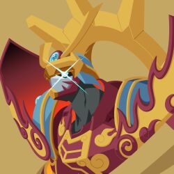  armor blue_armor blue_eyes blue_helmet commentary_request digimon digimon_(creature) glint helmet highres manchi_kansuke red_armor red_helmet simple_background susanoomon upper_body yellow_background 