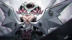  1girl angel_wings back bare_shoulders black_hair bow colored_inner_hair fur-trimmed_sleeves fur_trim green_bow hair_bow halo hashtag-only_commentary marttkim00 multicolored_hair nangong_yu scar short_twintails signature solo twintails wings zenless_zone_zero 