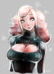  blue_eyes breasts cleavage cleavage_cutout open-chest_sweater ribbed_sweater sweater 