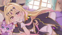  1girl animal_ear_fluff animal_ears antenna_hair aqua_eyes black_bow black_capelet black_dress black_thighhighs blonde_hair bow braid brooch capelet closed_mouth commentary_request creature crossed_bangs cure_arcana_shadow demonasa diamond_hairband dress earrings fairy forehead_jewel frilled_capelet frills full_body gem gold_trim gradient_hair hair_between_eyes hair_bow hair_intakes hairband half_up_braid hands_on_own_cheeks hands_on_own_face heart heart-shaped_blush_stickers heart_brooch highres jewelry long_hair looking_at_viewer lying magical_girl mashu-tan medium_dress meitantei_precure! moria_luluka multicolored_hair on_stomach pink_hair precure purple_fur purple_gem purple_veil smile staff thigh-highs two-tone_hair veil very_long_hair violet_eyes white_wrist_cuffs wrist_cuffs 