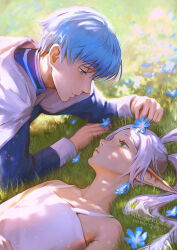  1boy 1girl artist_name bare_shoulders blue_eyes blue_flower blue_hair blue_jacket closed_mouth dress elf flat_chest flower frieren grass green_eyes grey_cloak grey_hair hair_between_eyes hair_flower hair_ornament hetero himmel_(sousou_no_frieren) jacket long_hair looking_at_another lying meadow on_back parted_bangs parted_lips paulina_klime pointy_ears short_hair sleeveless sleeveless_dress sousou_no_frieren twintails upper_body white_dress 
