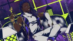  1boy armlet asterian_(synthesizer_v) bare_shoulders beard_stubble blue_hair bridal_gauntlets bug butterfly chain clothing_request commentary dark-skinned_male dark_skin dreadlocks english_commentary facial_hair gold_armlet grin hair_ornament highres jewelry lantern necklace ring shg_(hiomaika) single_bridal_gauntlet sitting smile solo stubble synthesizer_v venom_(synthesizer_v) violet_eyes 