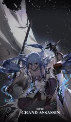  1boy absurdres azrael_(grand_assassin)_(fate) black_eyes blue_hair colored_skin commentary dark-skinned_male dark_skin english_commentary fate/grand_order fate_(series) feijiu grand_servant_(fate/grand_order) grey_skin hair_between_eyes hair_ornament highres long_hair looking_at_viewer male_focus robe scar scar_on_cheek scar_on_chest scar_on_face solo torn_clothes torn_robe white_robe 