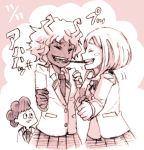  1boy 2girls ashido_mina boku_no_hero_academia closed_eyes lowres minoru_mineta monochrome multiple_girls pocky pocky_kiss school_uniform shared_food short_hair smile uraraka_ochako 