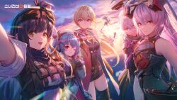  1boy 6+girls :d ;) absurdres arm_up arms_behind_back bare_shoulders black_gloves black_skirt blonde_hair blue_hair boots breasts brown_hair chasing coat colphne_(girls'_frontline_2) commander_(girls'_frontline) commentary_request cowboy_shot cropped_jacket elbow_gloves expressionless fleeing floating_hair florence_(girls'_frontline_2) full_body girls'_frontline_2:_exilium girls_frontline gloves goggles goggles_on_head groza_(girls'_frontline_2) hair_between_eyes hair_ornament hair_ribbon hairclip hand_up hat high_heel_boots high_heels highres holding holding_syringe jacket jumping knee_boots krolik_(girls'_frontline_2) long_hair looking_at_viewer mayling_shen_(girls'_frontline_2) mechanical_ears medium_breasts medium_hair multiple_girls nemesis_(girls'_frontline_2) one_eye_closed open_clothes open_coat open_jacket orange_eyes ots-14_(girls'_frontline) outdoors pa-15_(girls'_frontline) pantyhose pink_eyes ponytail red_eyes red_ribbon ribbon running shirt side_ponytail skirt small_breasts smile sunset syringe thighs tinct twintails upper_body v very_long_hair violet_eyes white_hair white_hat white_jacket white_shirt yellow_eyes 