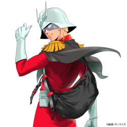  1boy bag blonde_hair cape char_aznable copyright_notice epaulettes eye_mask gloves gundam gundam_gquuuuuux helmet high_collar highres jacket long_sleeves looking_at_viewer looking_back male_focus mask military_jacket military_uniform official_art red_jacket second-party_source short_hair simple_background smile solo upper_body white_background 