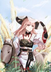  1girl absurdres animal arm_ribbon arm_warmers belt belt_bag black_arm_warmers black_bag black_belt black_collar black_hat black_vest blue_sky bracelet brown_eyes cat chinese_clothes chinese_commentary closed_mouth clothed_animal collar collarbone commentary_request cowboy_shot dated day detached_collar eyelashes gold_bracelet grass haiyang_liuhuo hand_on_headwear hanfu happy hat highres horseback_riding infinity_nikki jewelry lips long_hair long_sleeves looking_to_the_side mandarin_collar momo_(nikki) neck_tassel nikki_(nikki) nikki_(series) outdoors pink_hair red_ribbon reins ribbon riding signature single_sidelock sky smile summer_stroll_(infinity_nikki) tassel veil very_long_hair vest wheat white_cat white_hanfu white_veil wide_sleeves 