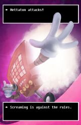  1boy 2018 2d absurdres ashley_artly character_name commentary dialogue_box digital_media dutch_angle english_commentary english_text foreshortening full_body gloves highres holding holding_microphone male male_focus male_only mettaton mettaton_(box) microphone non-humanoid_robot outstretched_arm pink_background pinky_out robot robot_boy signature simple_background smoke solo text undertale utdr_(toby_fox) wheel white_gloves 