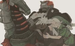  26_zzzzzz 2boys armor barding belt big_nose black_horse brown_belt brown_horse chinese_commentary chinese_zodiac closed_eyes colored_skin commentary dark-skinned_male dark_skin epona ganondorf green_hat green_skin green_tunic grey_background grin hair_intakes hair_slicked_back hands_up happy hat horseback_riding laughing link looking_up male_focus multiple_boys muted_color parted_bangs red_eyes red_hair riding short_hair shoulder_belt size_difference smile solid_eyes the_legend_of_zelda the_legend_of_zelda:_ocarina_of_time tunic twitter_username upper_body very_short_hair white_hair year_of_the_horse 