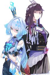  2girls absurdres adapted_costume aiguillette alternate_costume ascot belt black_hair blue_eyes blue_fire bright_pupils buttons cerydra_(honkai:_star_rail) chinese_commentary choker clothing_cutout commentary_request crossed_arms crown fire gloves gradient_hair headpiece highres honkai:_star_rail honkai_(series) hysilens_(honkai:_star_rail) layered_clothes long_hair military_uniform mini_crown multicolored_hair multiple_girls pants partially_shaded_face streaked_hair symbol-shaped_pupils tea5s violet_eyes white_hair 