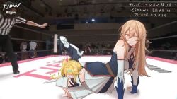  5girls belt black_pants black_shoes black_thighhighs blonde_hair brown_belt brown_hair commentary_request d0dantuiren dress elbow_gloves furen_e_lustario furen_e_lustario_(1st_costume) gloves hair_between_eyes high_heels higuchi_kaede higuchi_kaede_(1st_costume) hoshikawa_sara hoshikawa_sara_(1st_costume) inui_toko inui_toko_(1st_costume) long_hair looking_at_viewer multiple_girls nijisanji one_eye_closed outstretched_arms pants photo-referenced photo_background referee scissorhold shirt shoes short_sleeves side_ponytail smile spread_arms striped_clothes striped_shirt thigh-highs tokyo_joshi_pro_wrestling virtual_youtuber white_dress white_gloves wrestling_ring 