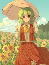  1girl absurdres ascot blue_sky chinese_commentary closed_mouth clouds collared_shirt commentary_request day field flower flower_field green_hair highres holding holding_umbrella kazami_yuuka long_sleeves looking_at_viewer medium_hair ning_zhi_ju open_clothes open_vest pink_umbrella plaid_clothes plaid_skirt plaid_vest red_eyes red_vest shirt skirt skirt_set sky smile solo sunflower touhou umbrella vest white_shirt yellow_ascot yellow_flower 