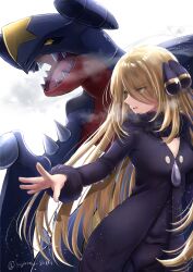  1girl artist_name black_coat black_sclera blonde_hair breasts coat colored_sclera commentary_request cynthia_(pokemon) dragon eyelashes fujimori_shiki fur-trimmed_coat fur_trim garchomp grey_eyes hair_ornament hair_over_one_eye highres long_hair long_sleeves looking_to_the_side open_mouth pokemon pokemon_(creature) pokemon_dppt sharp_teeth spikes spread_fingers teeth tongue very_long_hair watermark yellow_eyes 