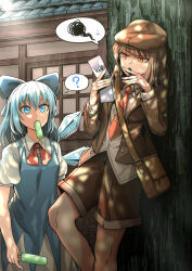  2girls ? absurdres bag blue_bow blue_dress blue_eyes blue_hair bow bowtie breasts brown_hair brown_hat brown_jacket brown_shorts cirno collared_shirt commentary_request ddok detached_wings dress flat_cap food food_in_mouth hair_bow hat highres ice ice_wings jacket long_sleeves medium_hair messenger_bag multiple_girls necktie no_wings official_alternate_costume outdoors pen pinafore_dress popsicle popsicle_in_mouth puffy_short_sleeves puffy_sleeves red_bow red_bowtie red_eyes red_necktie shameimaru_aya shameimaru_aya_(newsboy) shirt short_sleeves shorts shoulder_bag sleeveless sleeveless_dress small_breasts spoken_question_mark spoken_squiggle squiggle suit_jacket touhou white_shirt wings 