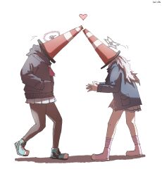 2girls artist_name black_jacket black_pantyhose blue_archive commentary halo hands_in_pockets heart highres jacket kai_xin kazusa_(blue_archive) long_hair long_sleeves multiple_girls pantyhose pink_halo pleated_skirt reisa_(blue_archive) simple_background skirt socks star_halo striped_clothes striped_socks traffic_cone traffic_cone_on_head untranslatable_commentary white_background white_skirt 