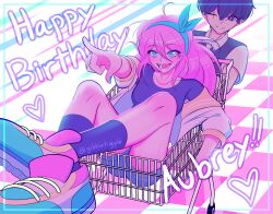  1boy 1girl aqua_hairband aubrey_(faraway)_(omori) aubrey_(omori) black_eyes black_hair black_shirt black_socks black_sweater_vest blue_eyes blue_nails collared_shirt denim denim_shorts gibbletiggle hairband happy_birthday highres in_shopping_cart jacket jacket_partially_removed long_hair omori open_mouth pink_hair pointing scar scar_across_eye scar_on_face shirt shoes shopping_cart short_hair shorts signature smile sneakers socks sunny_(omori) sweater_vest white_jacket 