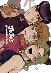  1girl 2boys black_hair blonde_hair blue_eyes closed_eyes commentary_request cone_hair_bun copyright_name diamond_wa_kudakenai fangs gakuran giorno_giovanna green_eyes green_hair hair_bun higashikata_josuke highres jojo_no_kimyou_na_bouken kujo_jolyne multiple_boys neg_50asu open_mouth pompadour pursed_lips school_uniform sideways stone_ocean vento_aureo 