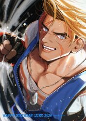  1boy absurdres blonde_hair blue_jacket character_name clenched_hand collarbone commentary dated dog_tags english_commentary fingerless_gloves forked_eyebrows gloves happy_birthday highres jacket looking_to_the_side luke_sullivan male_focus mattaripp mma_gloves multicolored_gloves multiple_scars open_mouth print_shirt scar scar_across_eye scar_on_cheek scar_on_face shirt short_hair short_sleeves sideways_glance sleeveless sleeveless_jacket smile solo street_fighter street_fighter_6 teeth unzipped upper_body white_shirt wind 
