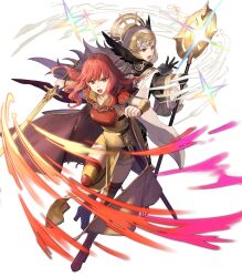  2girls armor attack black_dress black_gloves boots breastplate breasts cape celica_(fire_emblem) celica_(warrior_princess)_(fire_emblem) dress feather_trim fire_emblem fire_emblem_echoes:_shadows_of_valentia fire_emblem_heroes gloves grey_hair high_heel_boots high_heels highres holding holding_staff holding_sword holding_weapon long_hair medium_breasts multiple_girls non-web_source open_mouth pelvic_curtain red_boots red_cape red_eyes red_hair sheath shoulder_armor staff sword tiara v-shaped_eyebrows veronica_(brave_princess)_(fire_emblem) veronica_(fire_emblem) weapon yellow_cape 