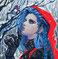  1girl arcane:_league_of_legends arcane_jinx armor babu_(babushkahihi) bird black_armor blue_hair braid clawed_gauntlets closed_mouth highres hood hood_up jinx_(league_of_legends) league_of_legends long_hair looking_at_another outdoors pale_skin red_hood red_pupils solo tree twin_braids twitter_username violet_eyes winter 