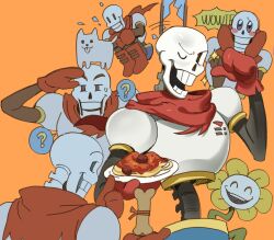  2025 2boys 2d ? ^_^ animal annoying_dog armor autodefenestration blue_shorts blush_stickers bone broken_glass cape closed_eyes digital_media dog flower flowey_(undertale) food gloves hands_on_own_cheeks highres holding holding_bone holding_food holding_plate humanoid jumping looking_at_viewer male male_focus monster monster_boy multiple_boys multiple_views one_eye_closed orange_background papyrus_(undertale) pasta plant plate red_cape red_gloves red_ribbon ribbon searching shorts simple_background skeleton spaghetti sparkle spoken_question_mark teeth thumbs_up tongue tongue_out trio ttudolee undead undertale upper_body utdr_(toby_fox) white_armor white_dog window yellow_flower 