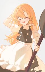  1girl absurdres apron black_skirt blonde_hair bow braid broom cindy717 closed_eyes commentary facing_viewer grey_background hair_bow highres holding holding_broom kirisame_marisa long_hair no_headwear open_mouth puffy_short_sleeves puffy_sleeves short_sleeves side_braid simple_background single_braid skirt smile solo torn_clothes torn_skirt torn_vest touhou very_long_hair waist_apron white_apron white_bow 