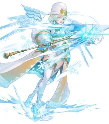  1girl attack blonde_hair blue_eyes breasts brooch cape capelet earrings emblem fire_emblem fire_emblem_heroes fjorm_(fire_emblem) fjorm_(icy_miracle)_(fire_emblem) fur-trimmed_cape fur_hat fur_trim gloves green_eyes hat highres holding holding_polearm holding_weapon ice ice_skates ice_wings jewelry medium_breasts multicolored_hair non-web_source official_alternate_costume official_art open_mouth polearm short_hair short_hair_with_long_locks skates snowflakes solo thigh-highs v-shaped_eyebrows weapon white_capelet wings 