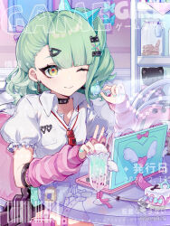  1girl arm_warmers bandaid bandaid_hair_ornament black_choker cake candy choker collared_shirt computer earrings flat_color food green_eyes green_hair hair_ornament highres holding holding_candy holding_food holding_lollipop jewelry laptop lollipop multiple_hair_clips multiple_thigh_straps musical_note_earrings necktie one_eye_closed pink_arm_warmers red_necktie shirt short_sleeves sitting smile soni828 striped_arm_warmers sunna_(zenless_zone_zero) thigh_strap upper_body white_shirt zenless_zone_zero 