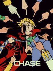  1boy 6+boys 6+others black_background blonde_hair clamchowder55 clenched_teeth diamond_wa_kudakenai formal_clothes gloves green_shirt grimace higashikata_josuke highres hirose_koichi jacket jojo_no_kimyou_na_bouken joseph_joestar joseph_joestar_(old) kawajiri_hayato kira_yoshikage kishibe_rohan kujo_jotaro long_sleeves male_focus middle_finger multiple_boys multiple_others necktie nijimura_okuyasu out_of_frame pinstripe_pattern pinstripe_shirt pointing pointing_at_another purple_necktie red_gloves shirt solo_focus striped_clothes striped_shirt sugimoto_reimi suit surrounded surrounded_by_hands sweat teeth tsuji_aya vertical-striped_clothes vertical-striped_shirt watch watch white_gloves yellow_eyes 