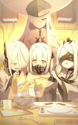  4girls bandaged_arm bandages blindfold blue_archive blush bowl colored_skin commentary_request cooking ein_(blue_archive) extra_pupils hair_over_one_eye hand_on_another's_head hat holding holding_bowl holding_whisk holographic_interface long_hair long_sleeves malkuth_(blue_archive) mask mechanical_arms mouth_mask multiple_girls o_(rakkasei) ohr_(blue_archive) open_mouth respirator short_hair sof_(blue_archive) symbol-shaped_pupils valentine whisk white_hair white_hat white_skin x-shaped_pupils yellow_eyes 