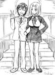  2girls artist_name dress female_admiral_(kantai_collection) hand_on_hip kantai_collection legs loafers locked_arms looking_at_another military military_uniform mole_under_eye monochrome multiple_girls naval_uniform necktie pants railing ribbon shoes short_dress short_hair stairs tatsuta_(kantai_collection) tsukimi_50 uniform v 