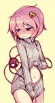 1girl blush bow bow_panties center_opening covering covering_crotch cowboy_shot embarrassed full-face_blush hair_ornament komeiji_satori lifted_by_self minamura_haruki navel panties pink_eyes pink_hair pink_panties ribbed_sweater short_hair simple_background solo sweater sweater_lift touhou turtleneck underwear wavy_mouth yellow_background 