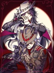  2boys adjusting_clothes adjusting_headwear arm_tattoo ashveil_(honkai:_star_rail) badge black_hair boothill_(honkai:_star_rail) bracelet coattails commentary cowboy_hat cropped_jacket cyborg earrings fedora gradient_hair grey_eyes grin hat hat_ornament highres honkai:_star_rail honkai_(series) jewelry long_hair male_focus mechanical_arms multicolored_hair multiple_boys ring sharp_teeth sinbal_007 single_earring smile streaked_hair tailcoat tattoo teeth very_long_hair white_hair 