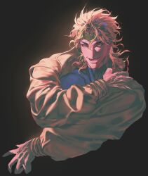  1boy absurdres birthmark blonde_hair bracelet claws cropped_torso dangsineun_meotjyeo! dio_brando ear_birthmark earrings english_commentary fangs fingernails green_headband headband heart_ornament highres jacket jewelry jojo_no_kimyou_na_bouken long_sleeves looking_at_viewer male_focus messy_hair muscular muscular_male open_mouth sharp_fingernails smile solo stardust_crusaders upper_body vampire yellow_eyes yellow_jacket 