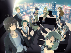  3boys 6+girls ahoge amagase_touma artist_name blonde_hair bow brown_hair cityscape commentary cup ganaha_hibiki green_hair hair_bow highres hoshii_miki idol idolmaster idolmaster_(classic) idolmaster_side-m ijuuin_hokuto jewelry jupiter_(idolmaster) mintpmintp mitarai_shouta multiple_boys multiple_girls ponytail shijou_takane shirt skirt smile twintails 