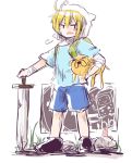  1boy =_= adventure_time ahoge backpack bag bandages blonde_hair carrying character_name finn hood jake kenoka open_mouth shelby_(adventure_time) shorts smile sword weapon worms 