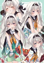  2girls :< adapted_costume aha_(honkai:_star_rail) black_gloves black_hairband blush closed_eyes closed_mouth commentary_request eating firefly_(honkai:_star_rail) gloves green_skirt grey_hair hair_between_eyes hairband hand_on_own_face highres honkai:_star_rail honkai_(series) kuramoto_beta-carotene long_hair multiple_girls multiple_views necktie open_mouth shirt skirt smile stelle_(honkai:_star_rail) trailblazer_(honkai:_star_rail) v-shaped_eyebrows violet_eyes white_shirt yellow_necktie 