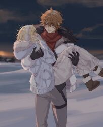  1boy 1girl aitsuwu alternate_costume black_gloves blonde_hair blue_eyes blurry blurry_background blush boots brown_boots carrying carrying_person commentary covering_own_mouth dusk earmuffs english_commentary eye_contact feet_out_of_frame freckles fur-trimmed_boots fur_trim genshin_impact gloves grey_pants hetero highres hood hooded_jacket jacket looking_at_another lumine_(genshin_impact) mountainous_horizon nose_blush orange_hair outdoors pants princess_carry red_scarf scarf skirt smile snow sunset tartaglia_(genshin_impact) twitter_username white_jacket white_skirt winter winter_clothes 