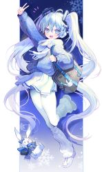  >_< 1girl absurdres ahoge aqua_eyes aqua_hair arm_up bag blue_cardigan blush cardigan commentary hair_between_eyes hair_ornament hatsune_miku highres holding holding_bag leg_warmers lerome long_hair looking_at_viewer open_mouth pantyhose pleated_skirt rabbit_yukine scarf school_uniform shoes shoulder_bag skirt smile sneakers snowflake_print standing standing_on_one_leg twintails v very_long_hair vocaloid white_leg_warmers white_pantyhose white_scarf white_shoes white_skirt yuki_miku 