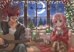  1boy 1girl acoustic_guitar akira_ituki black_shirt brown_hair candle cardigan christmas christmas_lights christmas_ornaments christmas_tree closed_eyes closed_mouth commentary_request couch crescent_moon cup green_eyes guitar guvava holding holding_cup holding_guitar holding_instrument indoors instrument long_hair long_sleeves looking_at_another macross macross_7 moon music mylene_jenius nekki_basara night on_couch open_clothes open_shirt pillow pink_hair plaid_clothes plaid_skirt playing_guitar playing_instrument pointy_ears red_cardigan round_eyewear shirt short_hair sitting skirt sky sleeves_past_wrists smile star_(sky) star_(symbol) sunglasses tree white_shirt window 