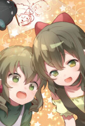  029 2girls :d bear blush bow brown_vest choker collarbone dress fina_(kuma_kuma_kuma_bear) green_choker green_eyes green_hair green_shirt hair_between_eyes hair_bow highres kuma_kuma_kuma_bear looking_down multiple_girls oekaki official_art open_mouth paper pen puffy_short_sleeves puffy_sleeves red_bow shirt short_hair short_sleeves shuri_(kuma_kuma_kuma_bear) smile star_(symbol) star_symbol_background teeth third-party_source upper_teeth_only vest wide-eyed 