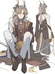  1boy absurdres arknights brown_hair brown_hands brown_robe brown_shoes chinese_clothes chinese_commentary closed_mouth colored_extremities commentary_request dragon_boy dragon_horns dragon_tail eastern_dragon_horns eastern_dragon_tail full_body hair_between_eyes highres horns ji_(arknights) keita_kg85 knees_up long_hair long_sleeves looking_at_viewer male_focus multicolored_hair multiple_views pants pointy_ears robe shoes sitting standing streaked_hair tail white_background white_pants 