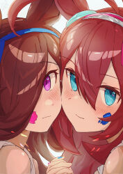  2girls absurdres ahoge amamoru_21 animal_ears bare_shoulders blue_eyes blue_hairband blush brown_hair closed_mouth commentary_request flipped_hair grey_hairband hair_between_eyes hair_over_one_eye hairband highres holding_hands horse_ears horse_girl long_hair looking_at_viewer mihono_bourbon_(umamusume) multiple_girls paint paint_splatter paint_splatter_on_face rice_shower_(umamusume) silver_hairband umamusume violet_eyes 
